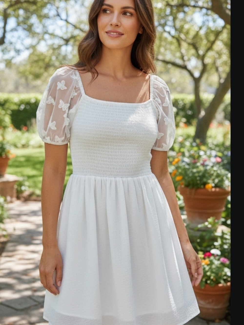 White Smocked Bodice Mini Dress with Embroidered Puff Sleeves